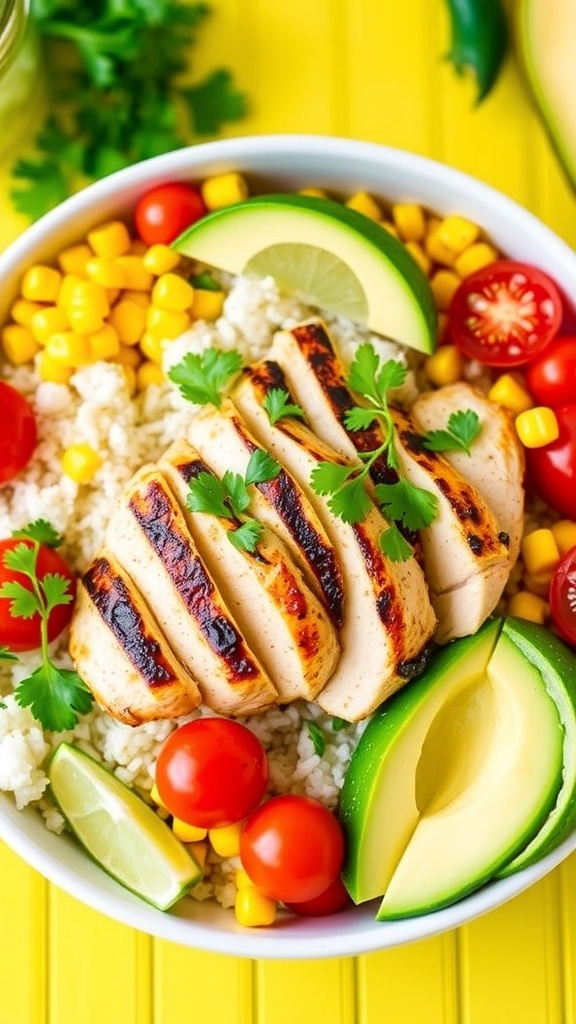 A colorful chicken bowl with grilled chicken, rice, tomatoes, corn, avocado, and lime wedges.